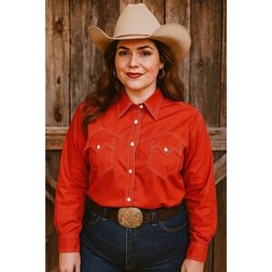 Vintage 70s Miss Holly‎ Womens 38 Red w/ White Stitching Button Front L/S Top